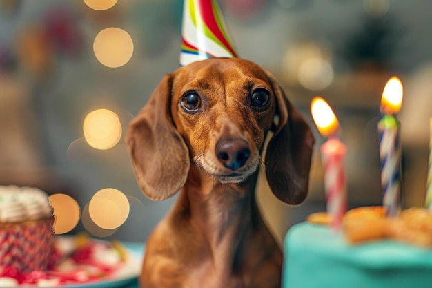 Celebratory dachshund at birthday party