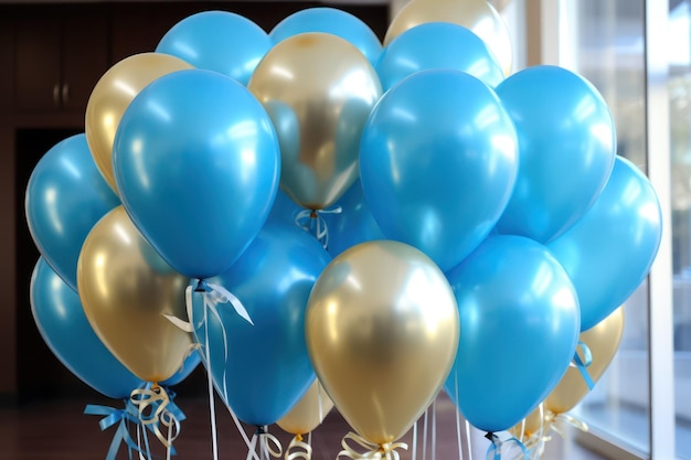 Celebratory Elegance Blue and Gold Balloons Floating in the Air Festive Atmosphere in Style