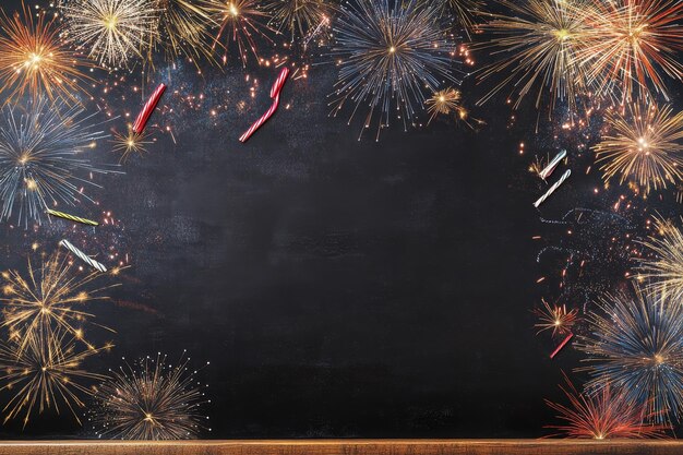 Celebratory new year fireworks display with blank space for message on dark background