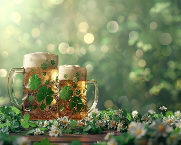 Celebratory Saint Patrick39s Day beers adorned with shamrocks and clover leaves