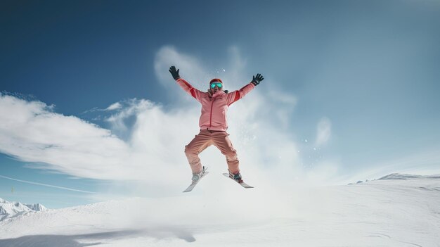 Celebratory ski jump with colorful gear on snowy expanse