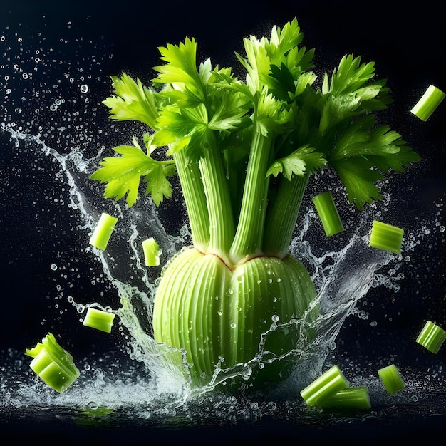 Celery fruit Celerys with water splash falling over black background