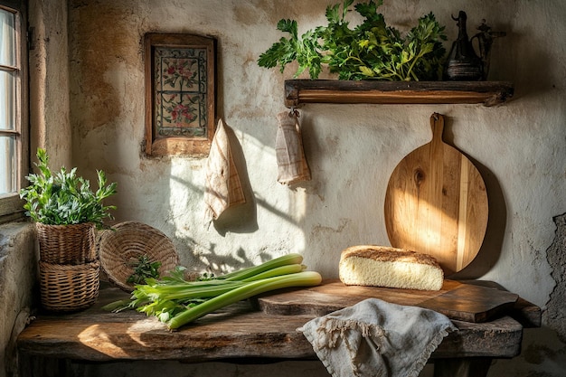 Photo celery root with fresh greens in a rustic farmhouse photo