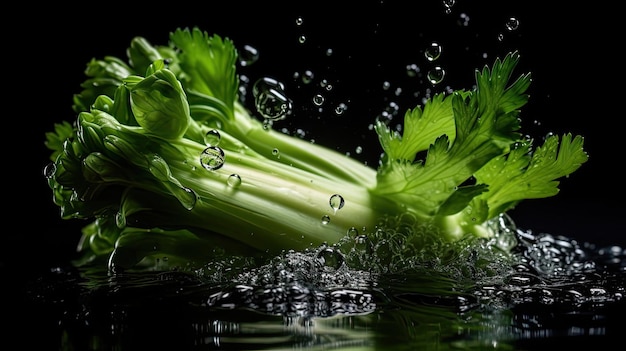 Celery vegetable hit by splashes of water with black blur background