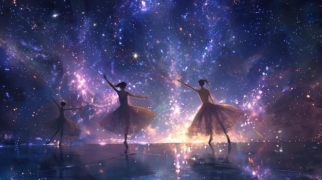 Celestial ballet of radiant stars pirouetting in the vast theater of the universe with graceful elegance