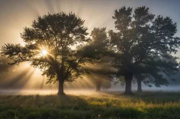 Photo celestial beams in a foggy meadow