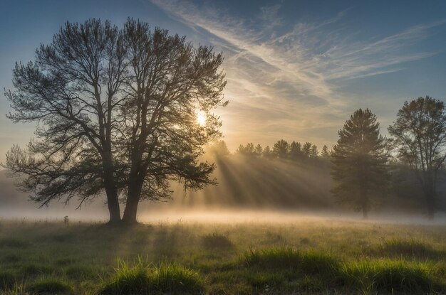 Celestial beams in a foggy meadow