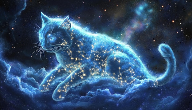 Celestial cat with a fur coat made of stars and galaxies glowing in a cosmic void