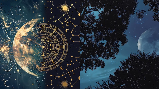 Photo celestial chart and night sky with moon and stars