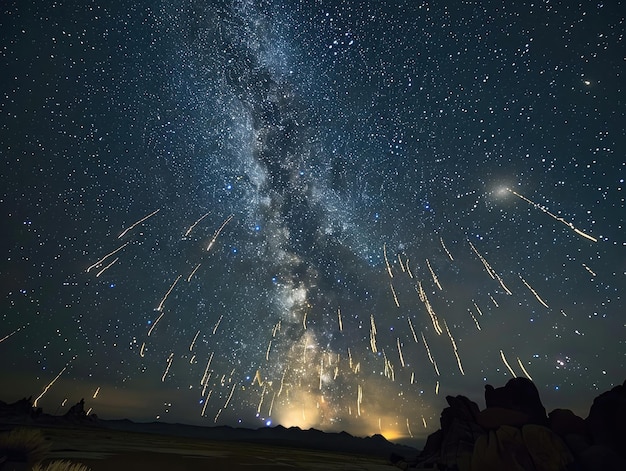 Celestial Display Beauty Nighttime Spectacle A dazzling array of meteors lighting up the darkness during a meteor shower ar 43 style raw stylize 250 Job ID 26d9b3e1ee2f458abb688e74e417f150