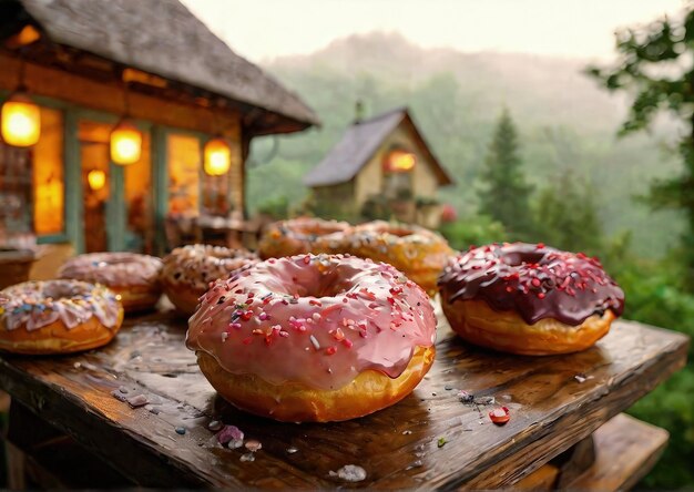 Photo celestial donut bakery a whimsical escape in the misty countryside generated by ai