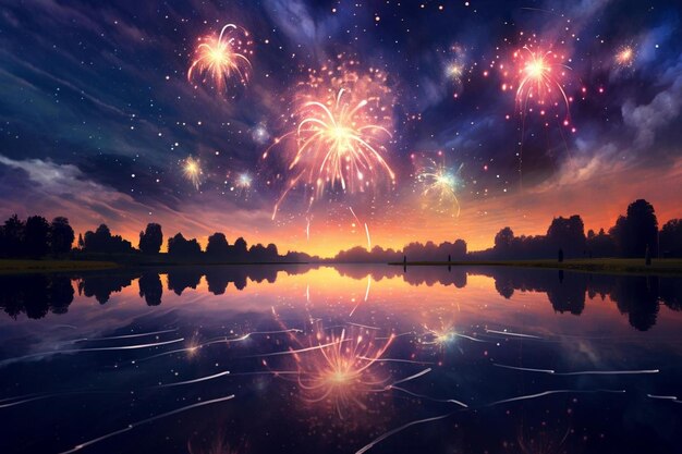 Photo celestial fireworks over a glistening lake beautiful fireworks background light texture