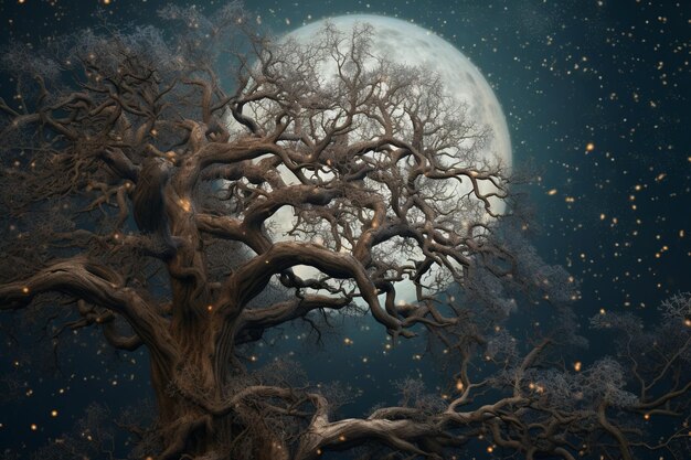 Celestial Moon and Tree Art for Digital Background