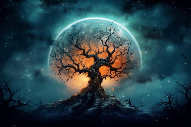 Celestial Moon and Tree Digital Art for Wallpaper