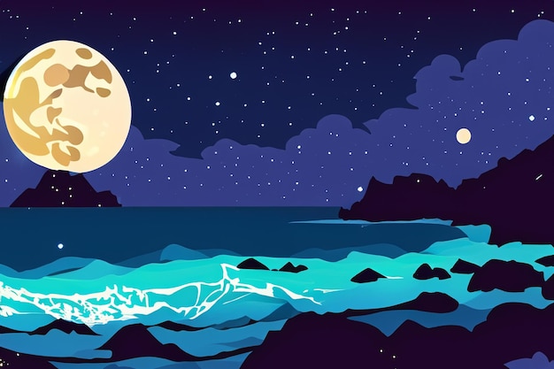 Photo celestial serenity vector art of a night ocean landscape with full moon and stars