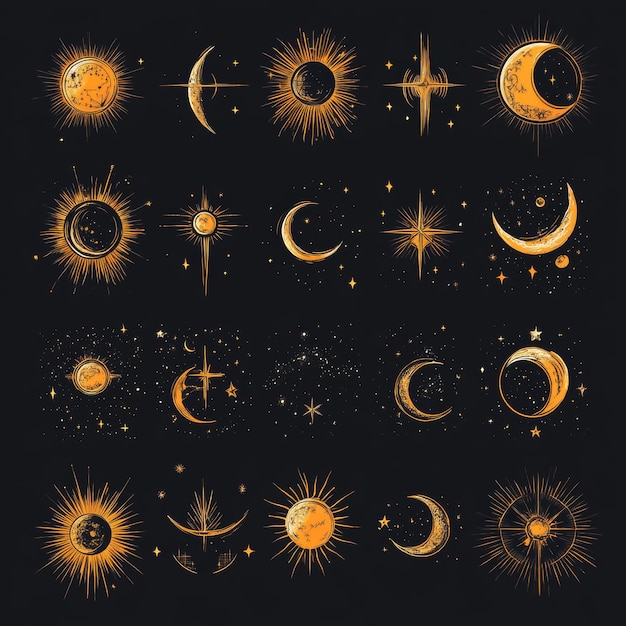 Celestial Sun Moon Stars Golden Illustration Set