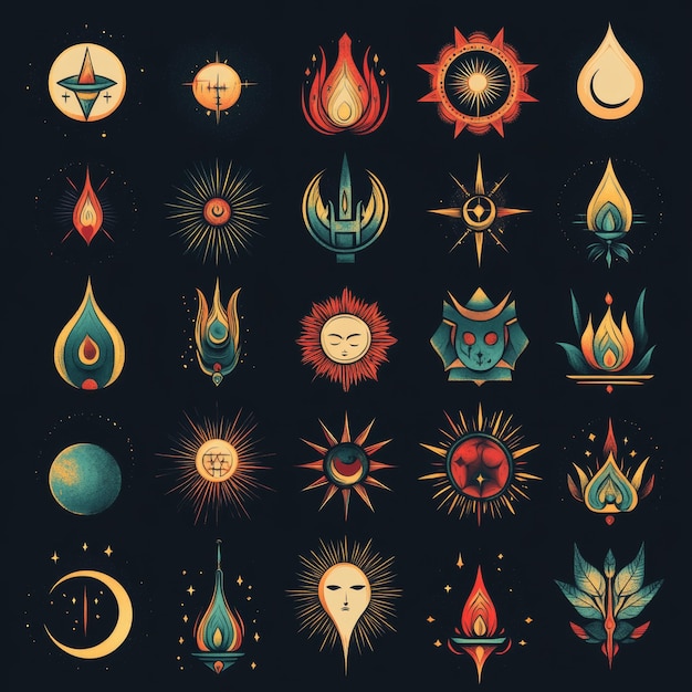 Celestial Symbols Sun Moon Stars and Flames Design Elements