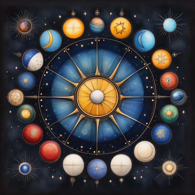 Photo a celestial wheel with stars moon phases and planets