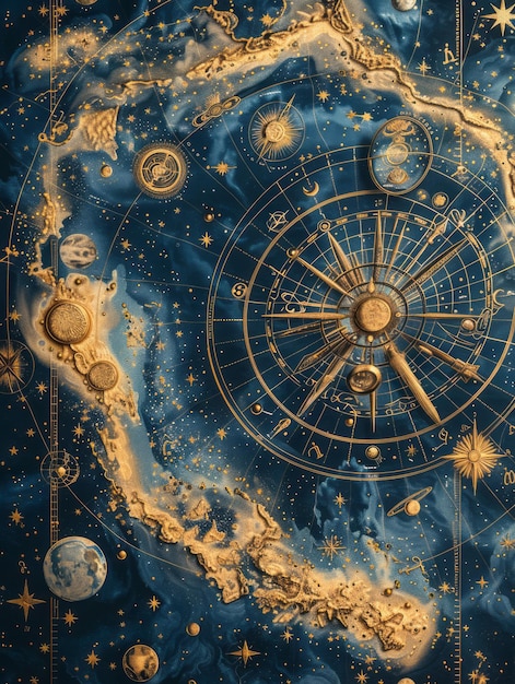 Celestial Zodiac Splendor Dark Blue Background with Gold Astrological Zodiac Items and Symbols