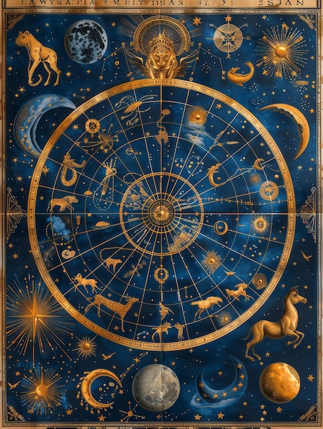 Celestial Zodiac Splendor Dark Blue Background with Gold Astrological Zodiac Items and Symbols