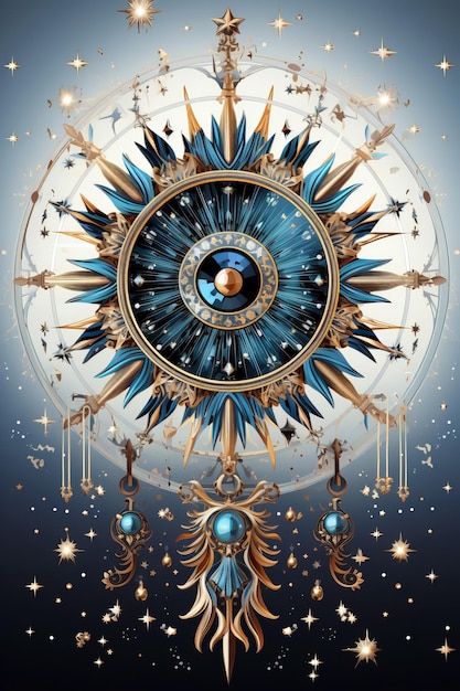 A celestialthemed artwork features a central astrological wheel adorned with elements surrounded by floating stars and cosmic symbols