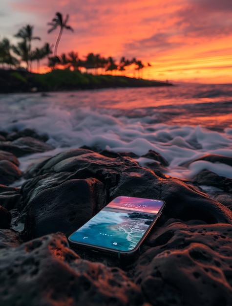 a cell phone on a beach with the sun setting behind it