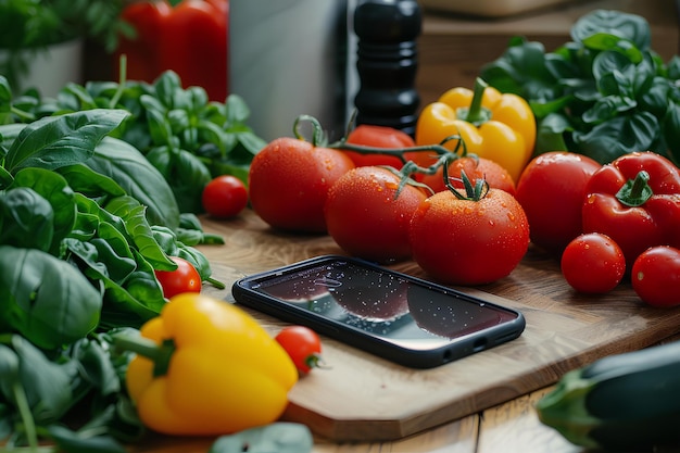 A cell phone sitting on a cutting board surrounded by vegetables and herbs on a table top with a