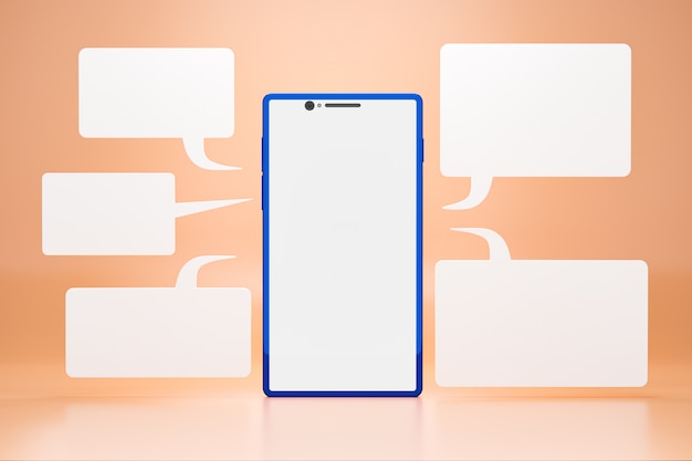 Cell phone with blank LCD screen and chatbox around a smartphone on orange background. Realistic 3D rendering.