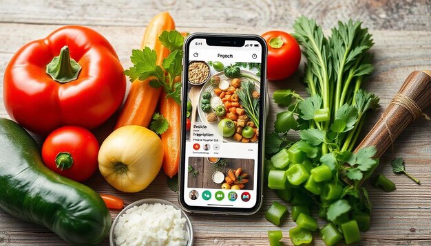 a cell phone with a picture of vegetables and a cell phone on it