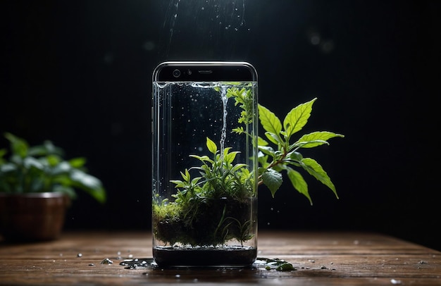 a cell phone with a plant in it that has been in a beaker