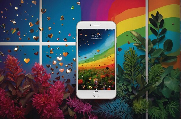 a cell phone with a rainbow background and a rainbow in the background