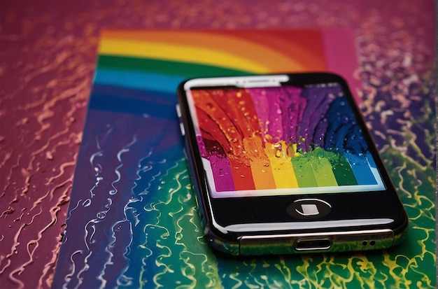 a cell phone with a rainbow colored background and a rainbow colored picture