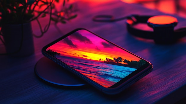 Photo a cell phone with a sunset on the screen