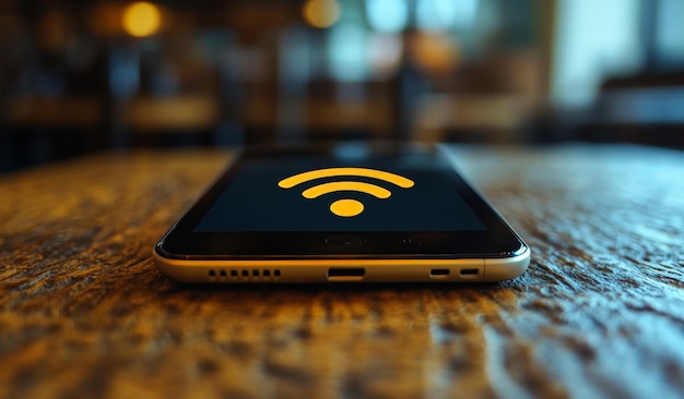 Photo a cell phone with a wifi symbol on it is sitting on a wooden table