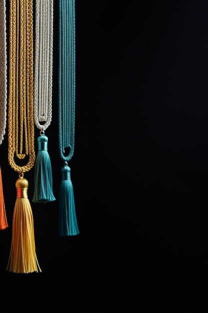 Photo a cellection of intricately tassels isolated on a clean dark background vertical composition