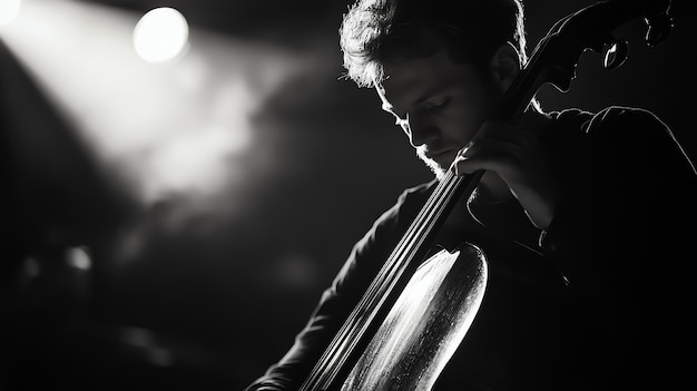 Photo a cellist plays his instrument with intensity on a dark stage