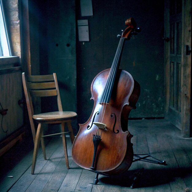 Photo a cello sits in a room with a chair and a chair