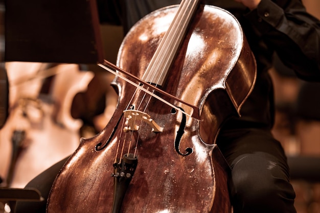 Cello on the stage of the Philharmonic during a concert