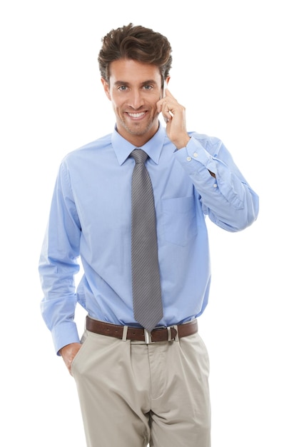 Cellphone clarity Studio shot of a young businessman using a cellphone isolated on white