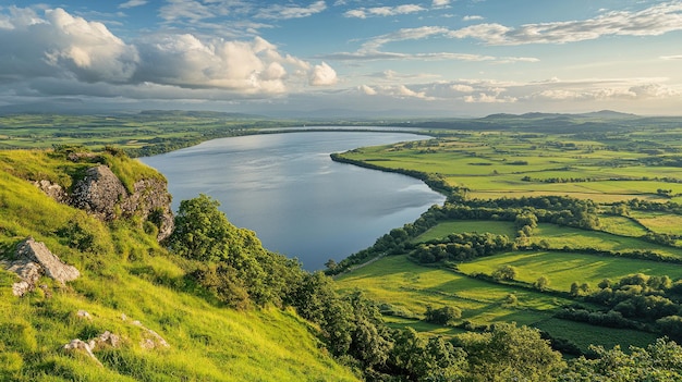 Photo celtic dog panoramic view of lower lough erne and irish farmland in northern ireland