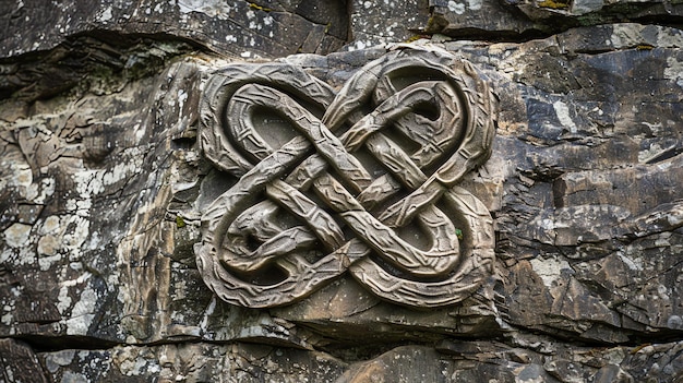 Photo a celtic knot carved into a stone wall