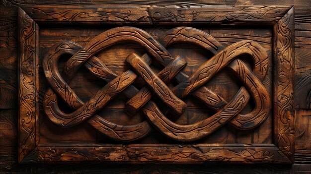 Photo celtic knot carving on rustic wooden texture featuring intricate design