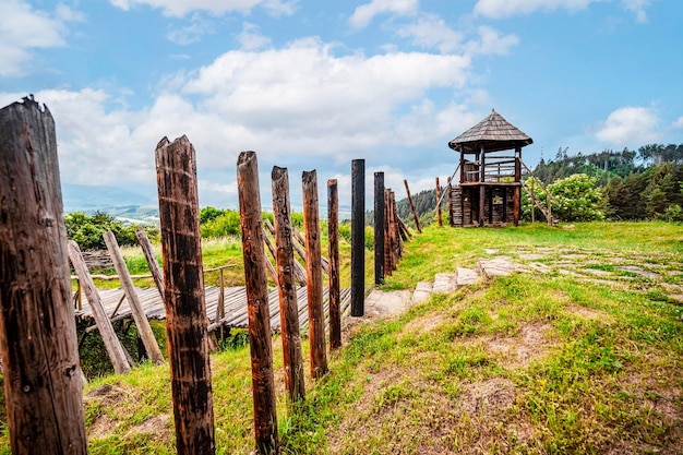 Celtic settlement construction in the archaeological locality Havranok Ancient celtic fortress near Liptovska Mara Liptov region Slovakia landscape