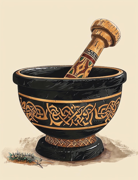 Celtic witch mortar and pestle adorned with celtic patterns medival page Junk Journal