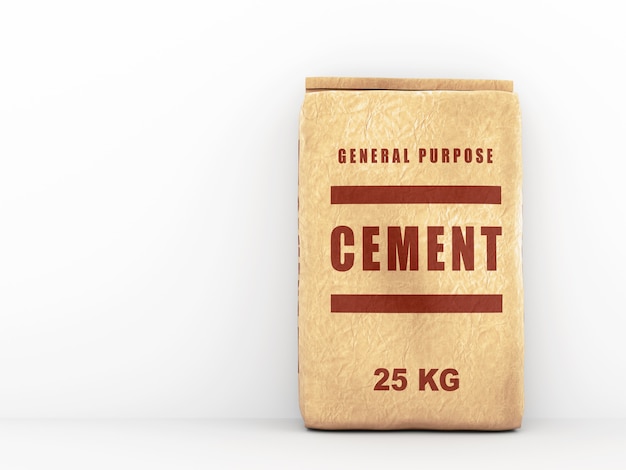 Cement bag: paper sack over white wall. 3D illustration