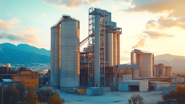 Photo cement factory with high concrete plant structure