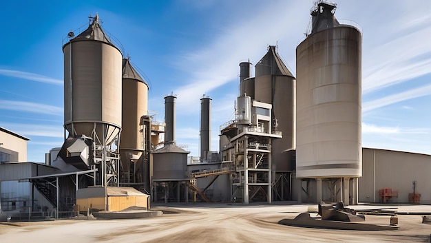 Photo cement manufacturing factory with clinker grinders and silos generative ai