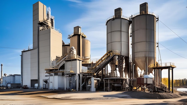 Photo cement manufacturing factory with clinker grinders and silos generative ai