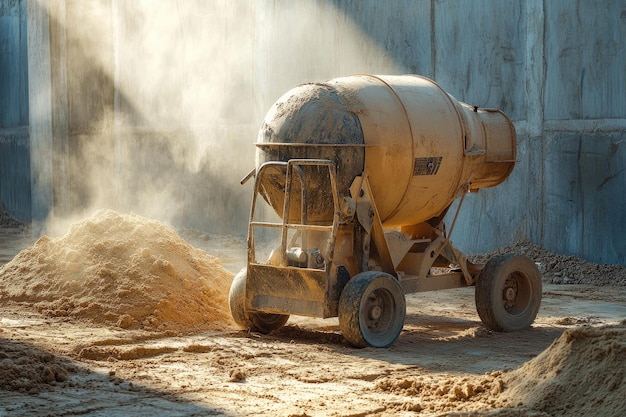 Photo cement mixer machine at construction site tools and sand