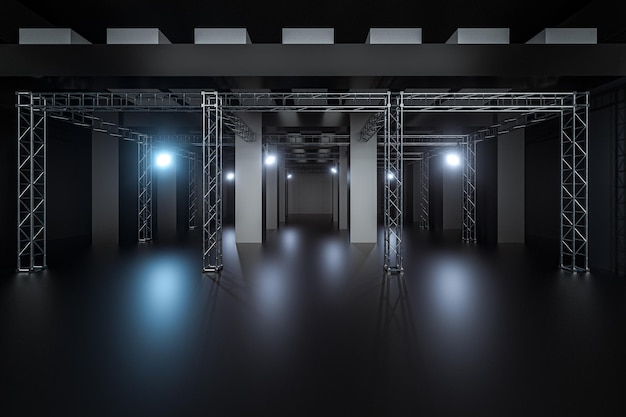 Cement and reinforcement with projector lamps in the dark room 3d rendering